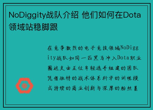 NoDiggity战队介绍 他们如何在Dota领域站稳脚跟