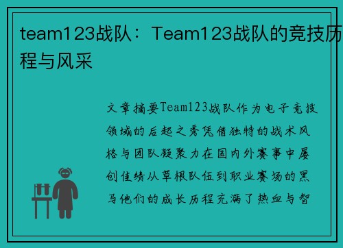 team123战队:Team123战队的竞技历程与风采