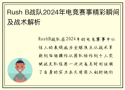 Rush B战队2024年电竞赛事精彩瞬间及战术解析