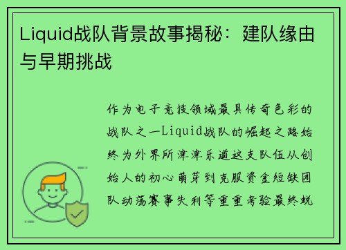 Liquid战队背景故事揭秘：建队缘由与早期挑战